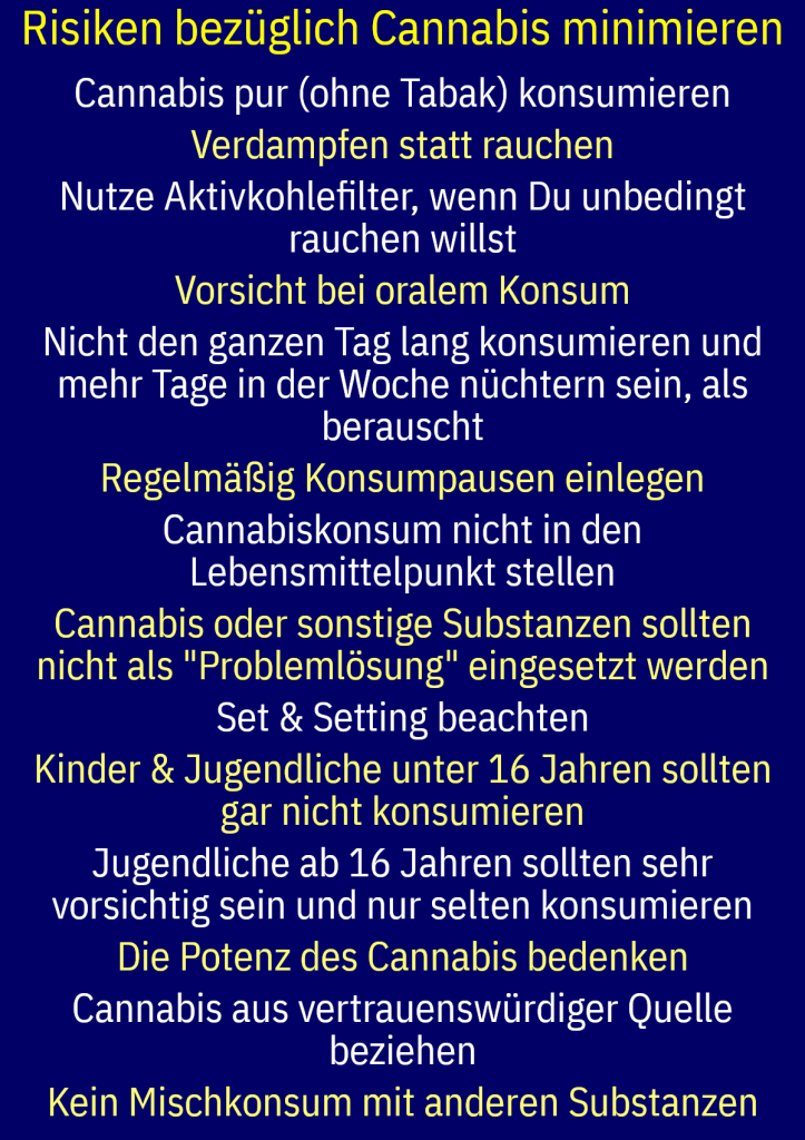 Risiken bezüglich Cannabis minimieren Cannabis pur (ohne Tabak) konsumieren Verdampfen statt rauchen Nutze Aktivkohlefilter, wenn Du unbedingt rauchen willst Vorsicht bei oralem Konsum Nicht den ganzen Tag lang konsumieren und mehr Tage in der Woche nüchtern sein, als berauscht Regelmäßig Konsumpausen einlegen Cannabiskonsum nicht in den Lebensmittelpunkt stellen Cannabis oder sonstige Substanzen sollten nicht als "Problemlösung" eingesetzt werden Set & Setting beachten Kinder & Jugendliche unter 16 Jahren sollten gar nicht konsumieren Jugendliche ab 16 Jahren sollten sehr vorsichtig sein und nur selten konsumieren Die Potenz des Cannabis bedenken Cannabis aus vertrauenswürdiger Quelle beziehen Kein Mischkonsum mit anderen Substanzen
